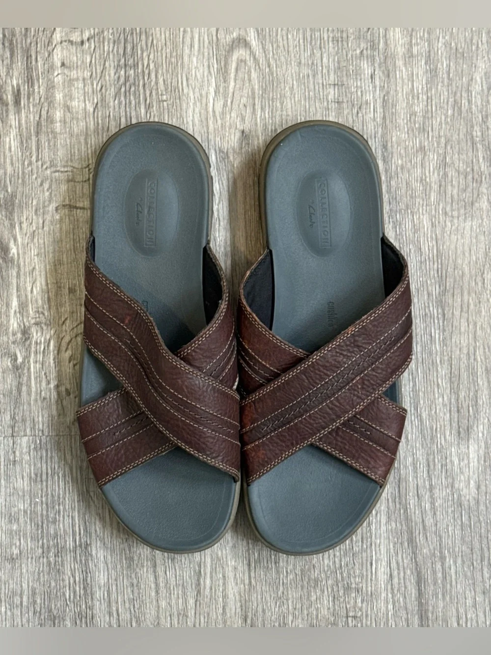 Clarks Men’s Brixby Cross Dark Brown Leather Slip On Slides Sandals Size 13